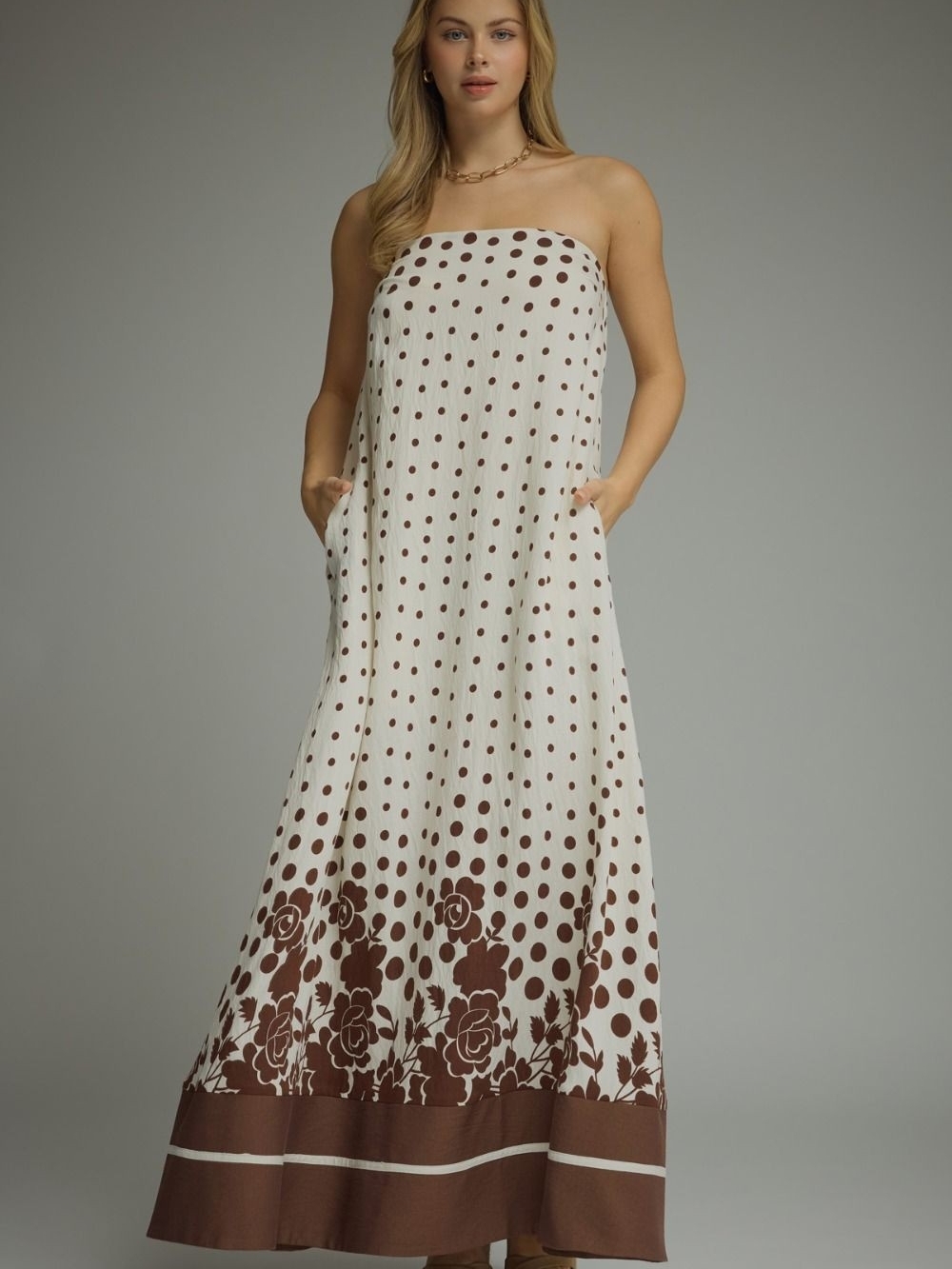 entro White Strapless Maxi Dress with Brown Polka Dot & Floral Border